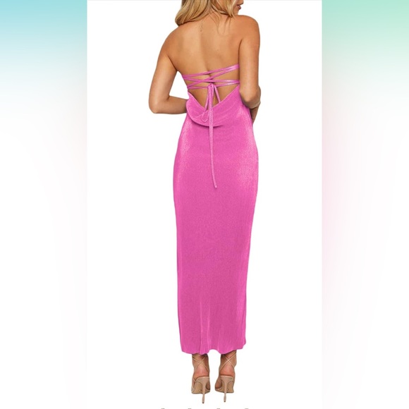 NWT Pink Ribbed/Pleated Shiny Strapless Maxi Dress with Tie Back - Picture 4 of 8